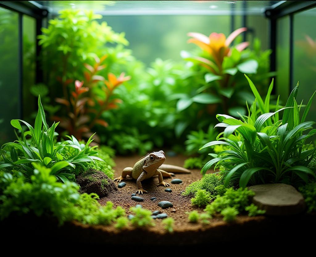 Bioactive terrarium with lush reptile-safe plants